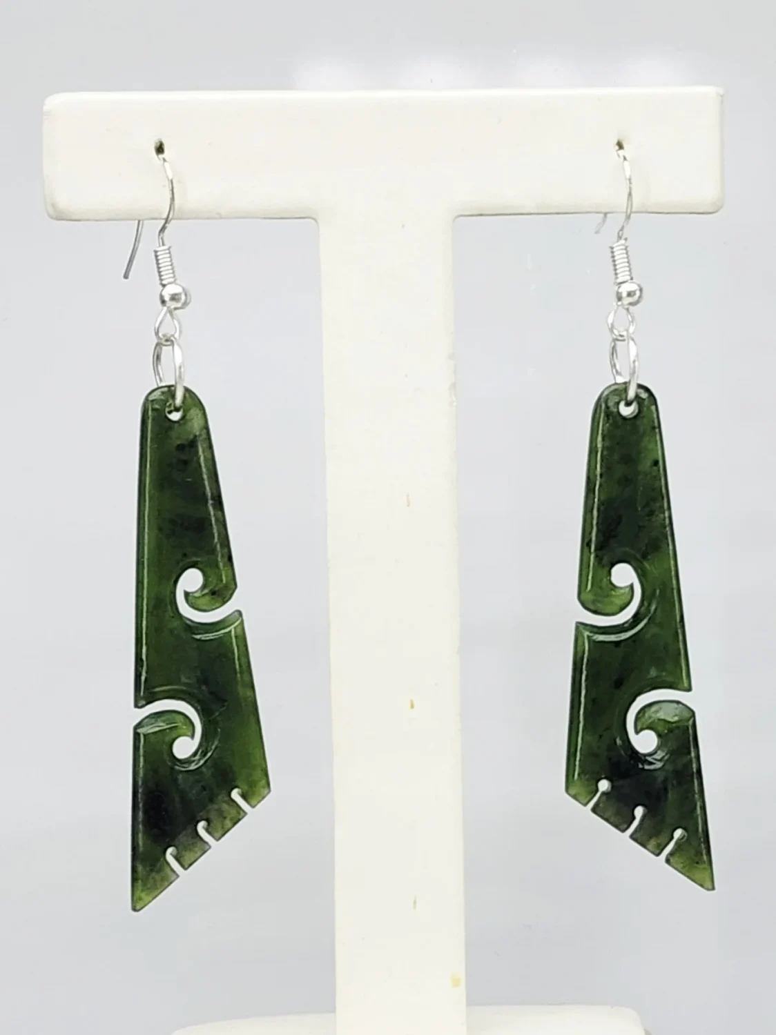 Pounamu Koru Drop Triangle Earrings Sterling Silver Setting and Hooks - EK2.45