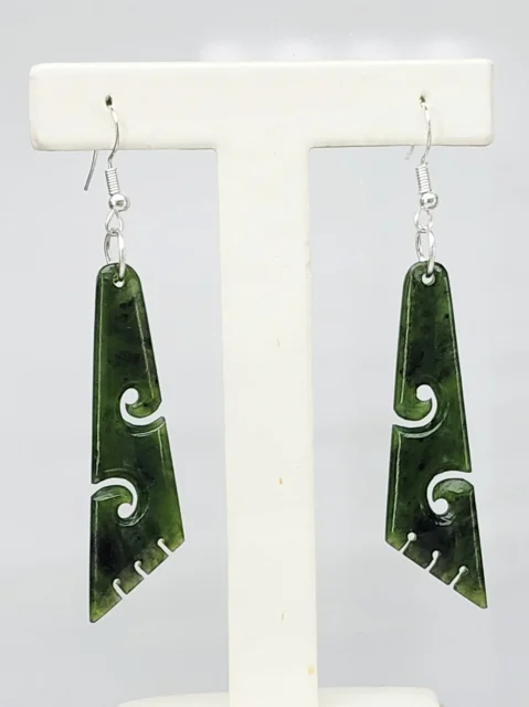 Pounamu Koru Drop Triangle Earrings Sterling Silver Setting and Hooks - EK2.45