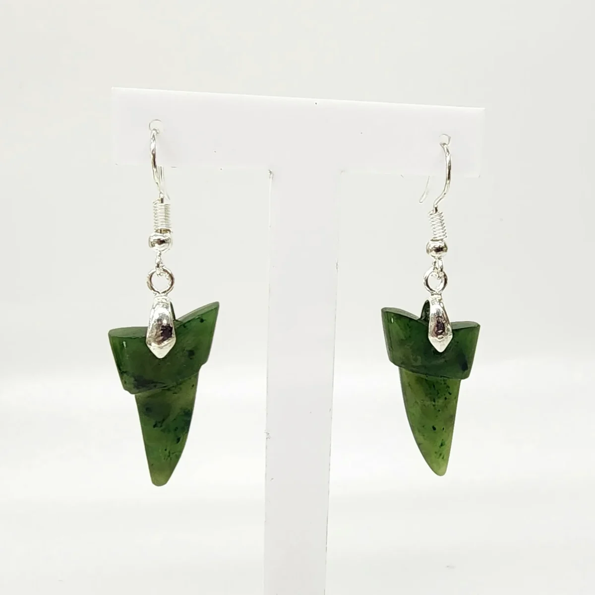 Pounamu Shark Tooth Shape Earrings with Sterling Silver Setting and Hooks - HPSTE.30