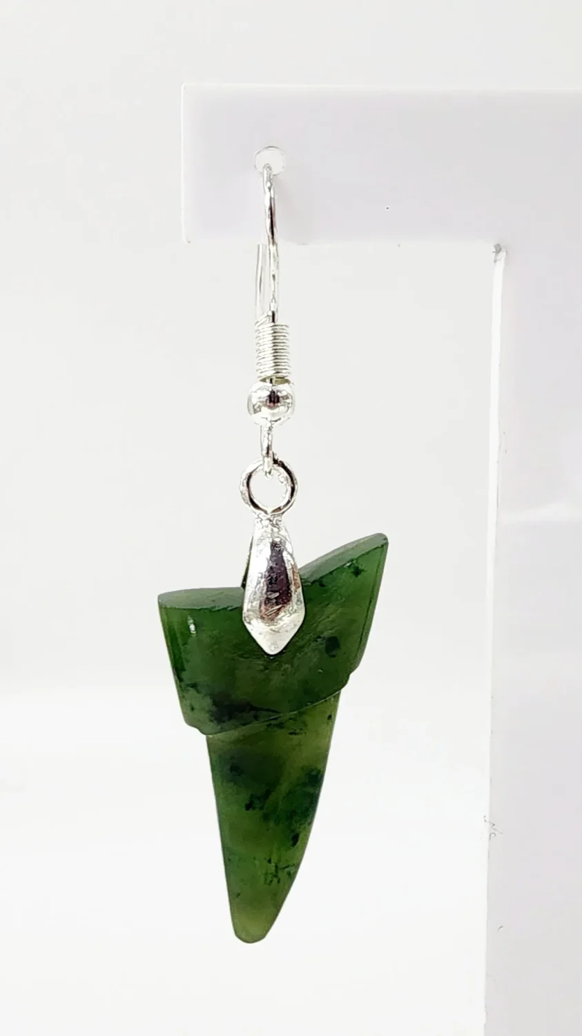 Pounamu Shark Tooth Shape Earrings with Sterling Silver Setting and Hooks - HPSTE.30
