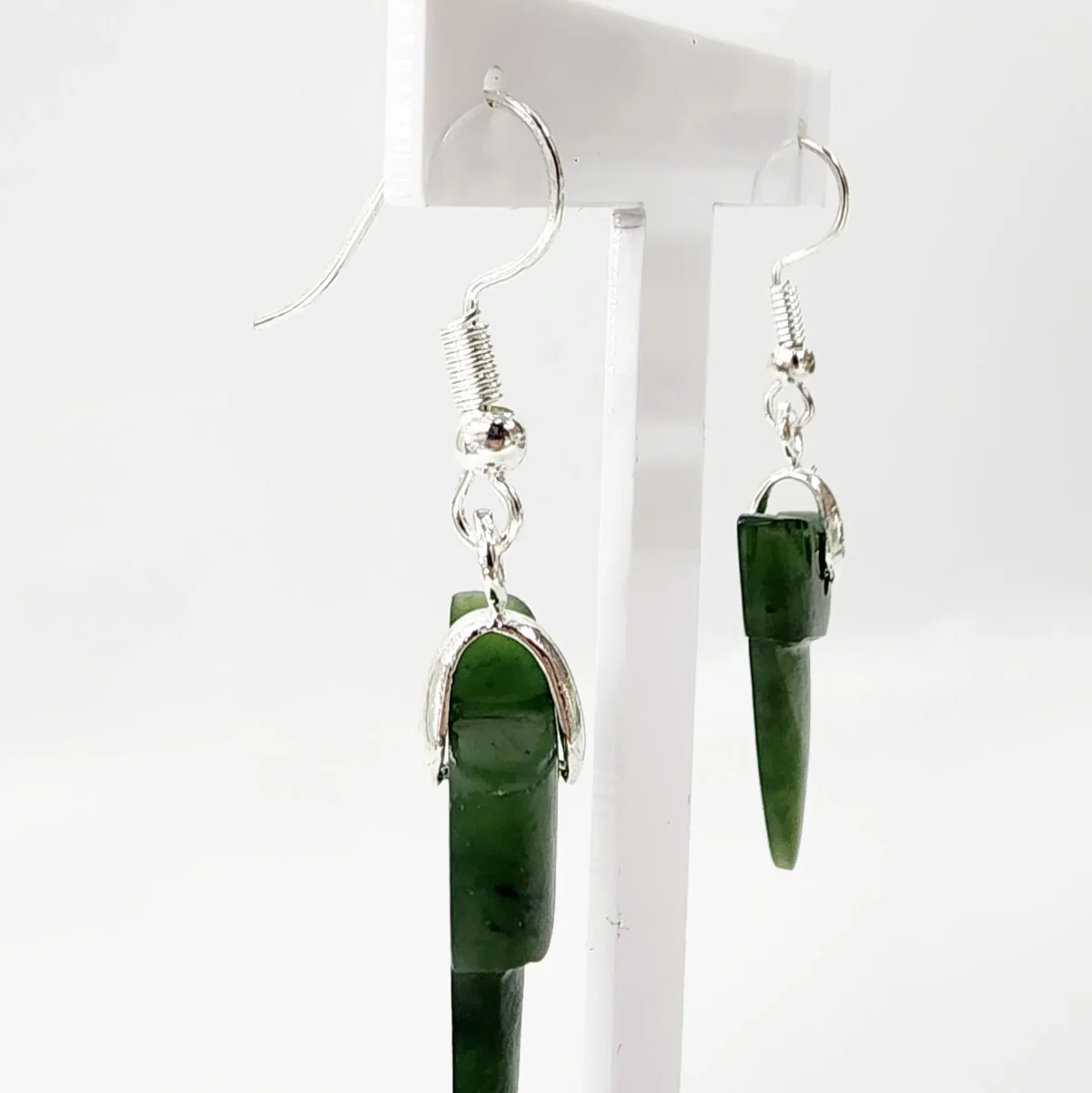 Pounamu Shark Tooth Shape Earrings with Sterling Silver Setting and Hooks - HPSTE.30