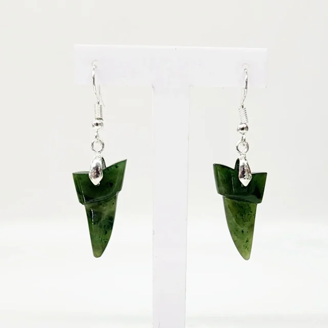 Pounamu Shark Tooth Shape Earrings with Sterling Silver Setting and Hooks - HPSTE.30