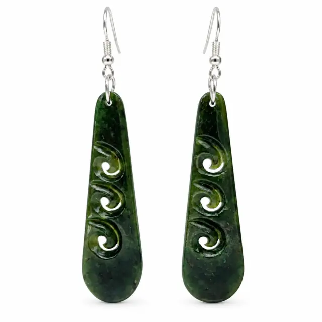 Pounamu Triple Koru Drop Earrings with Sterling Silver Setting and Hooks - EK3.45