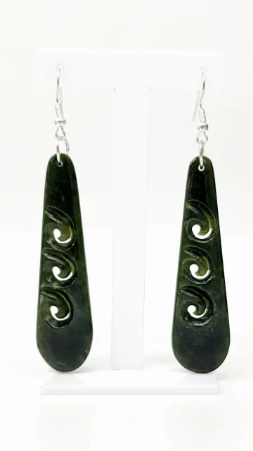Pounamu Triple Koru Drop Earrings with Sterling Silver Setting and Hooks - EK3.45