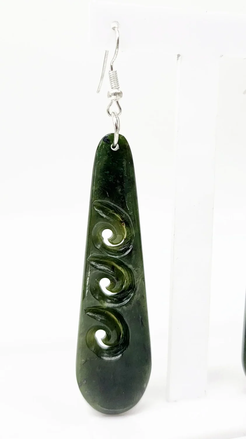 Pounamu Triple Koru Drop Earrings with Sterling Silver Setting and Hooks - EK3.45