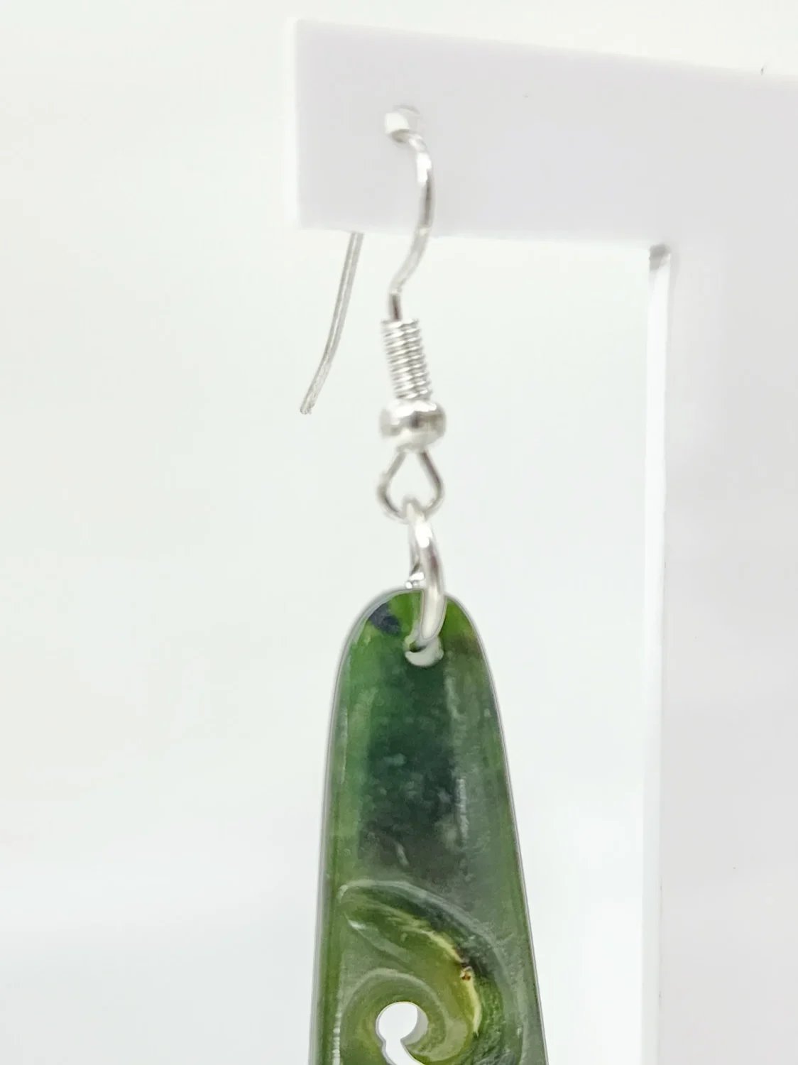 Pounamu Triple Koru Drop Earrings with Sterling Silver Setting and Hooks - EK3.45