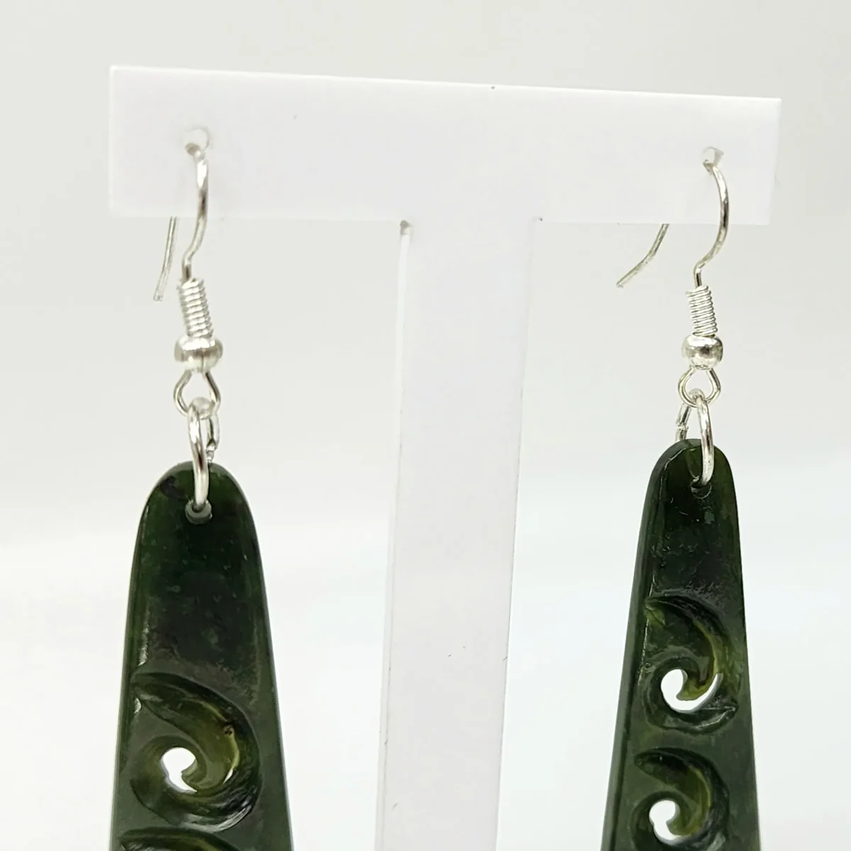 Pounamu Triple Koru Drop Earrings with Sterling Silver Setting and Hooks - EK3.45