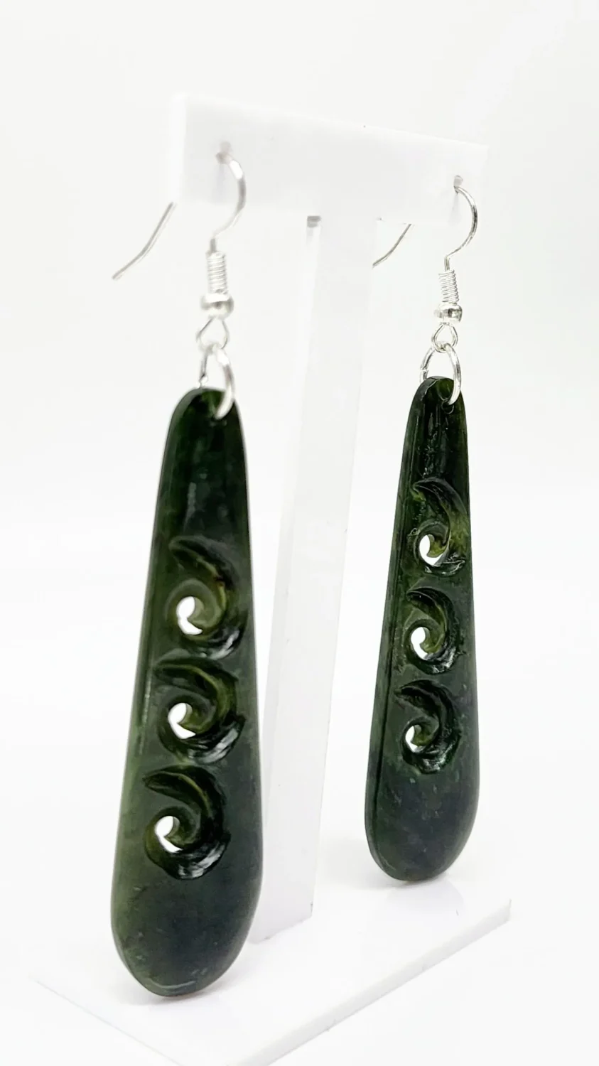 Pounamu Triple Koru Drop Earrings with Sterling Silver Setting and Hooks - EK3.45