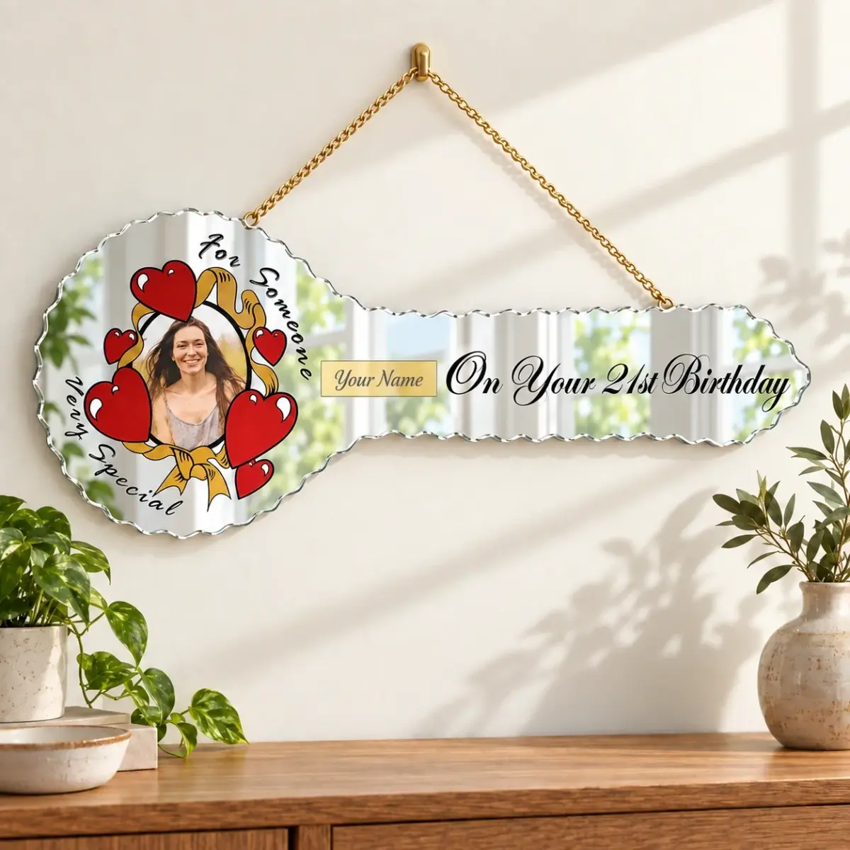 Red Heart with Golden Ribbon 21st Birthday Mirror Key with "For Someone Very Special" - SJ2501