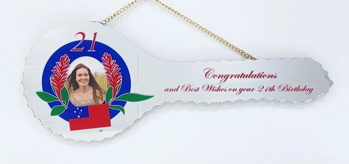 SAMOAN DESIGN MIRRORED / GLASS PHOTO 21ST BIRTHDAY KEY - SJ2408