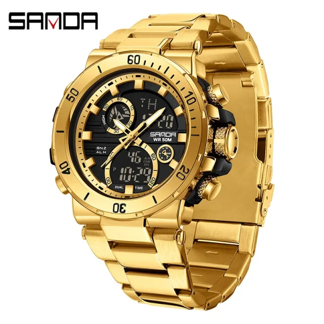 SANDA 6175 Gold Tone Men's Quartz Stainless Steel Duel Time 30M WR Watch