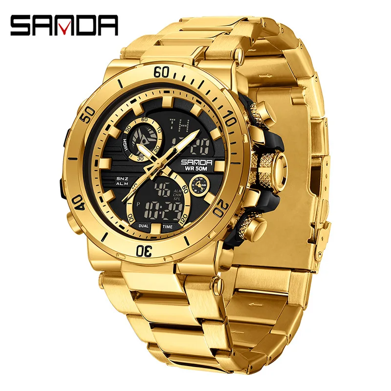 SANDA 6175 Gold Tone Men's Quartz Stainless Steel Dual Time 30M WR Watch