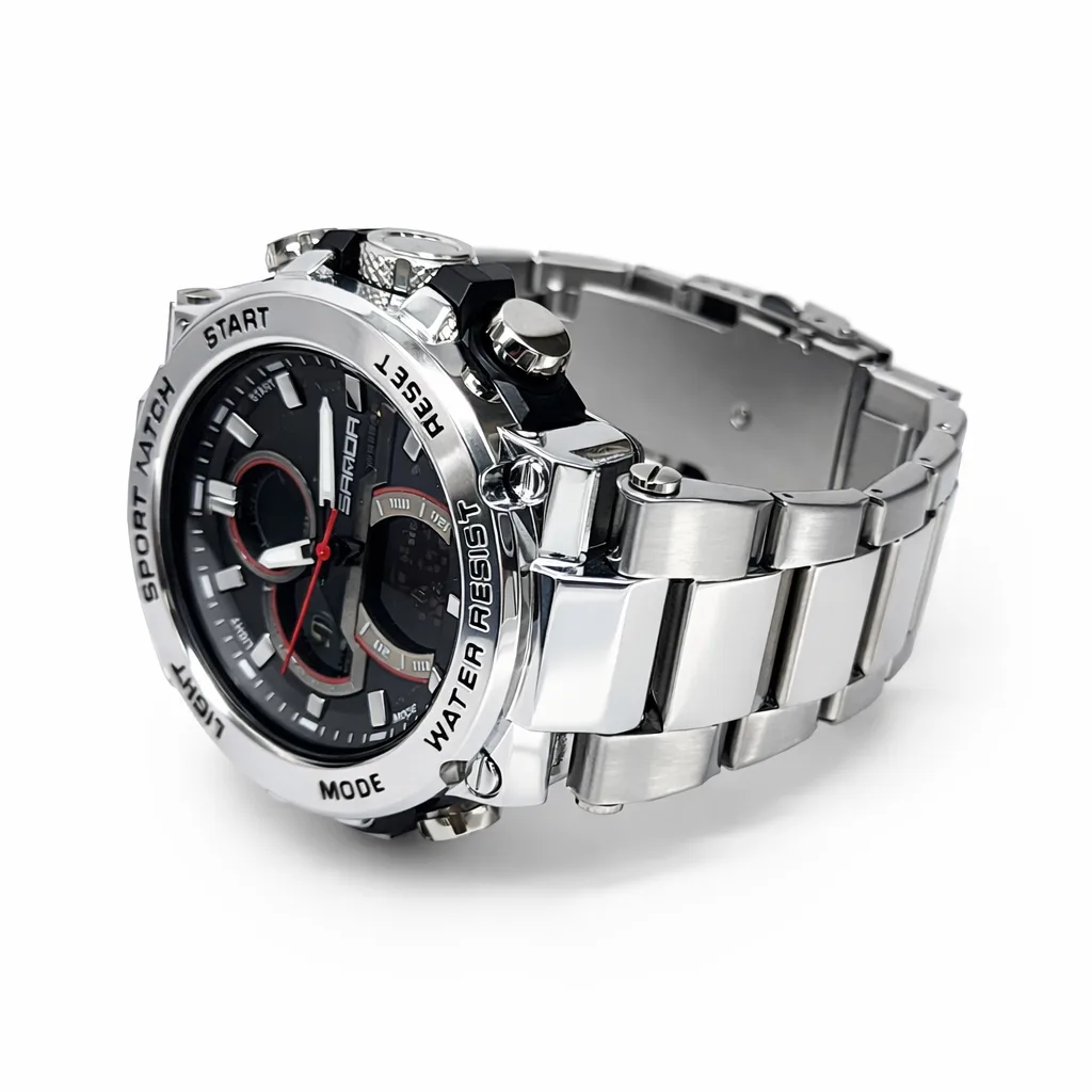 SANDA 6183 Gents Stainless Steel Dual Display Watch – Black Dial