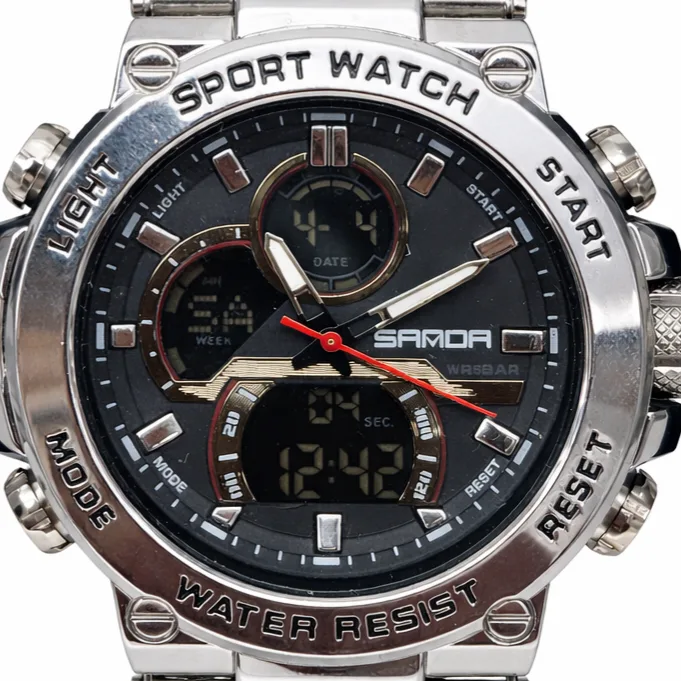 SANDA 6183 Gents Stainless Steel Dual Display Watch – Black Dial