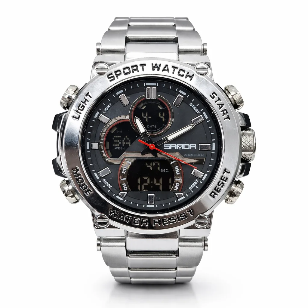 SANDA 6183 Gents Stainless Steel Dual Display Watch – Black Dial