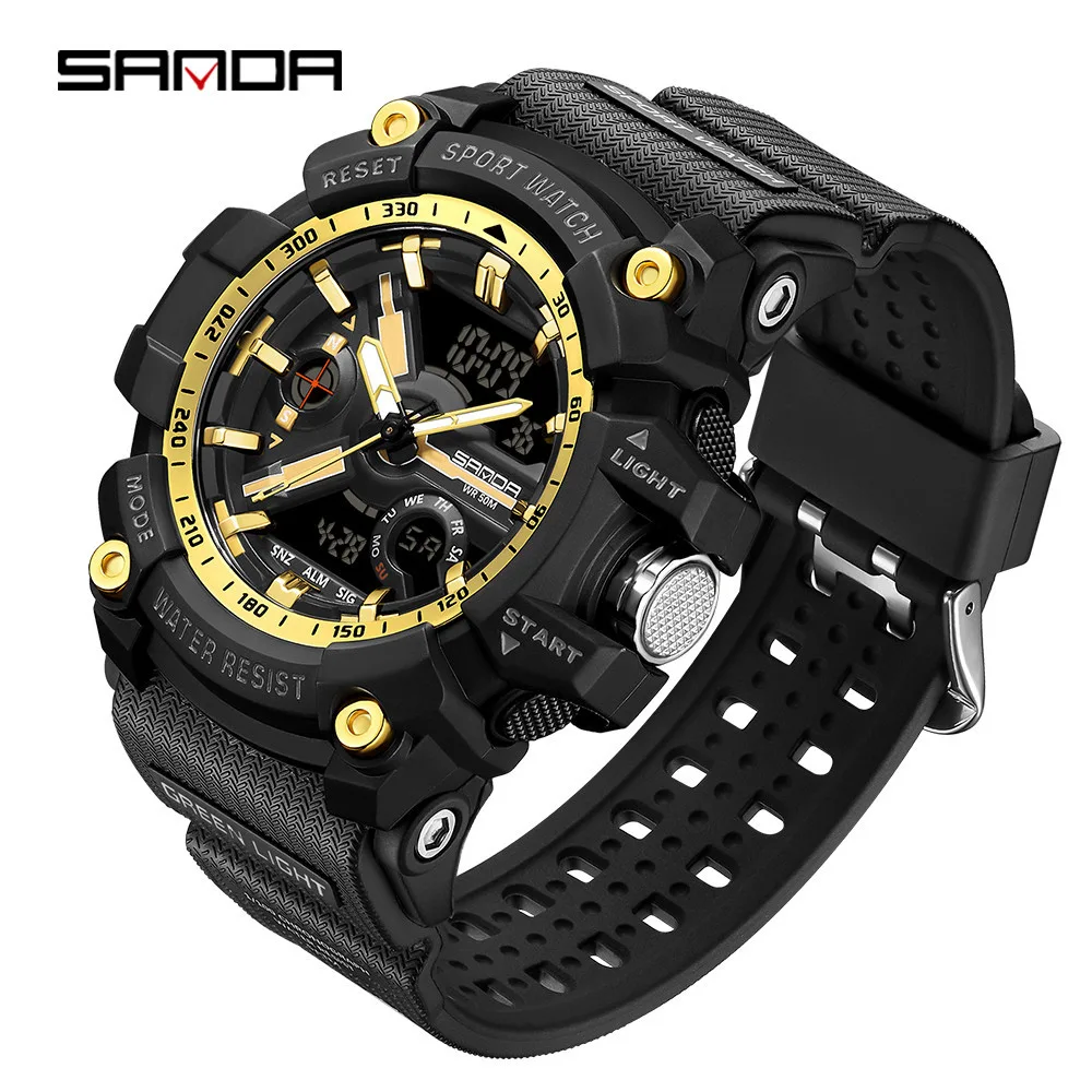 SANDA Analog/Digital Mens 50M WR, Duel Time Quartz Sports Watch, Black Case, Black Strap - 3179GD