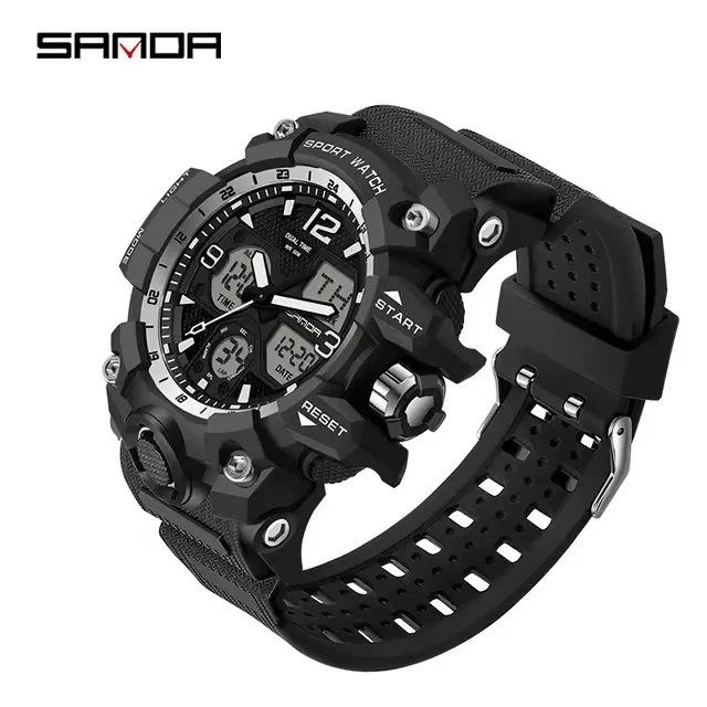 SANDA Analog/Digital Mens 50M WR, Duel Time Quartz Sports Watch, Black Case, Black Strap - 6030SIL