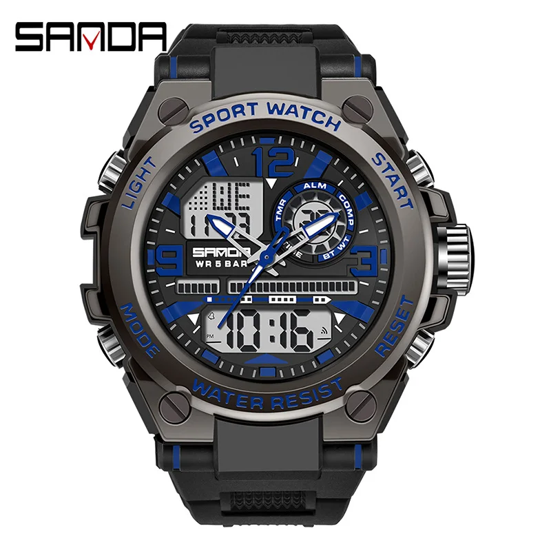 SANDA Analog/Digital Mens 50M WR, Duel Time Quartz Sports Watch, Black Case, Black Strap - 6024BL