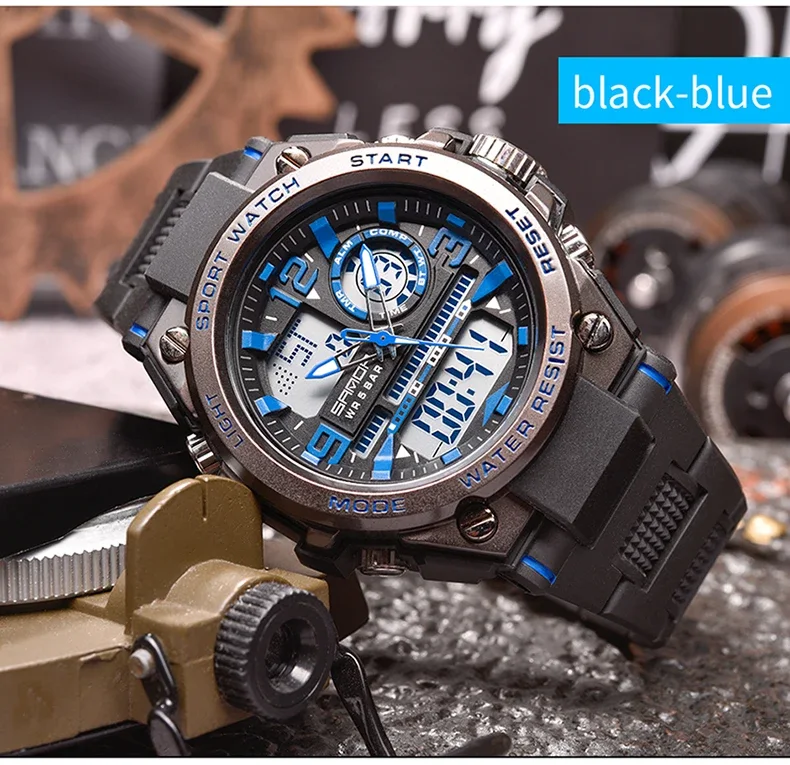 SANDA Analog/Digital Mens 50M WR, Duel Time Quartz Sports Watch, Black Case, Black Strap - 6024BL