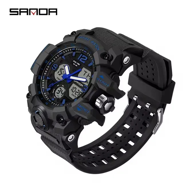 SANDA Analog/Digital Mens 50M WR, Duel Time Quartz Sports Watch, Black Case, Black Strap - 6030BL