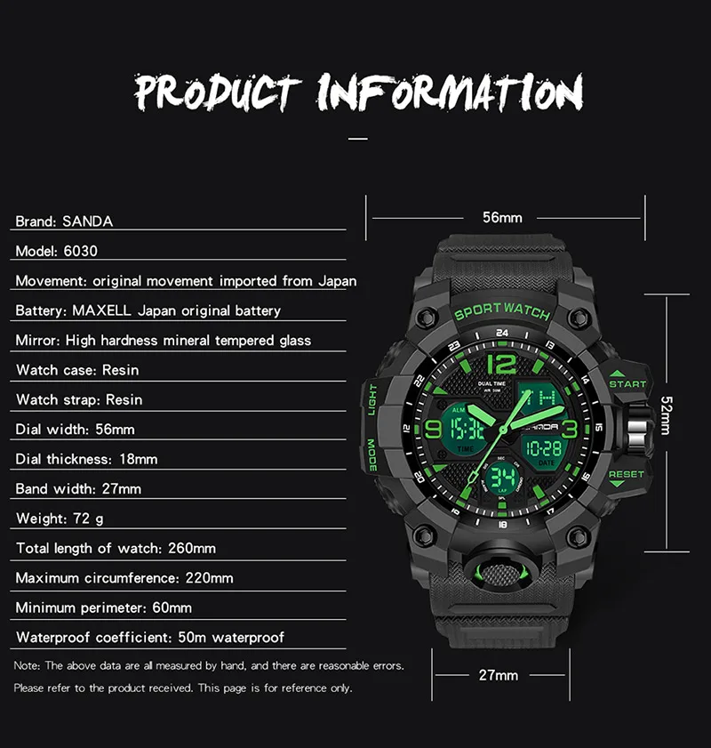 SANDA Analog/Digital Mens 50M WR, Duel Time Quartz Sports Watch, Black Case, Black Strap - 6030BL