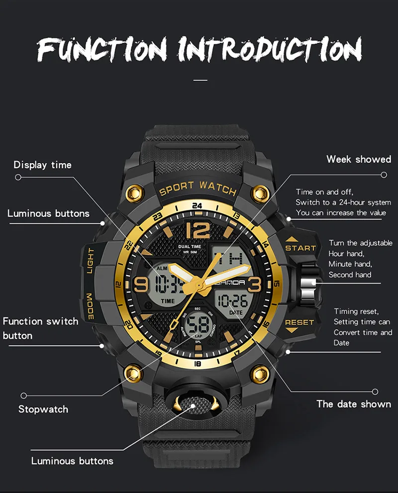 SANDA Analog/Digital Mens 50M WR, Duel Time Quartz Sports Watch, Black Case, Black Strap - 6030BL