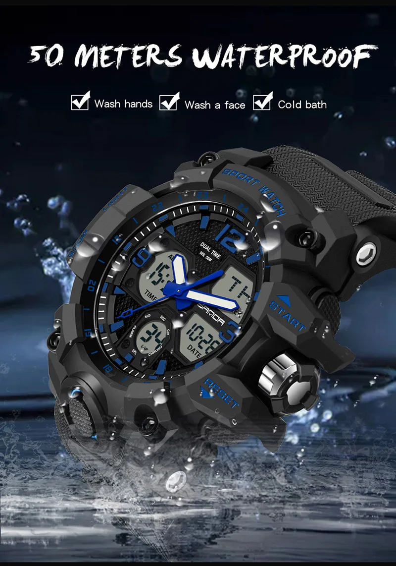 SANDA Analog/Digital Mens 50M WR, Duel Time Quartz Sports Watch, Black Case, Black Strap - 6030BL