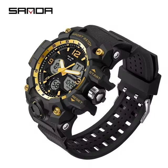 SANDA Analog/Digital Mens 50M WR, Duel Time Quartz Sports Watch, Black Case, Black Strap - 6030GD