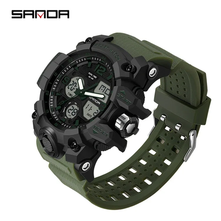 SANDA Analog/Digital Mens 50M WR, Duel Time Quartz Sports Watch, Black Case, Green Strap - 6030GR