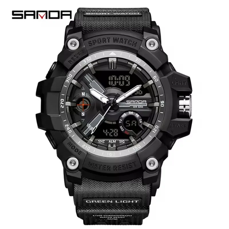 SANDA Analog/Digital Mens 50M WR, Duel Time Quartz Sports Watch, Black Case, Black Strap - 3179BLK