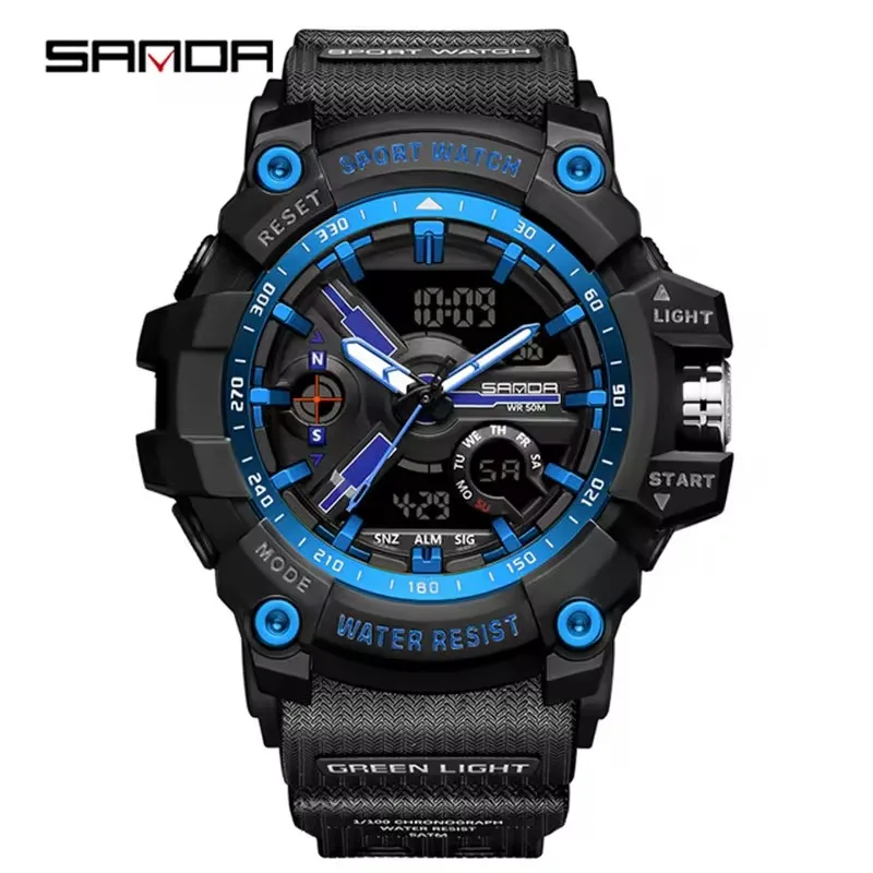 SANDA Analog/Digital Mens 50M WR, Duel Time Quartz Sports Watch, Black Case, Black Strap - 3179BLU