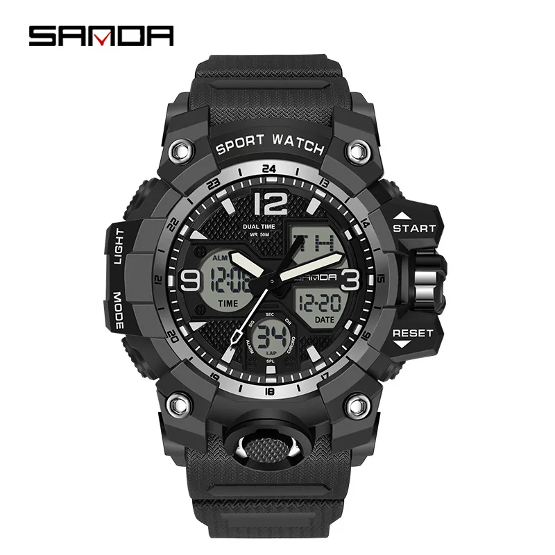 SANDA Analog/Digital Mens 50M WR, Duel Time Quartz Sports Watch, Black Case, Black Strap - 6030SIL