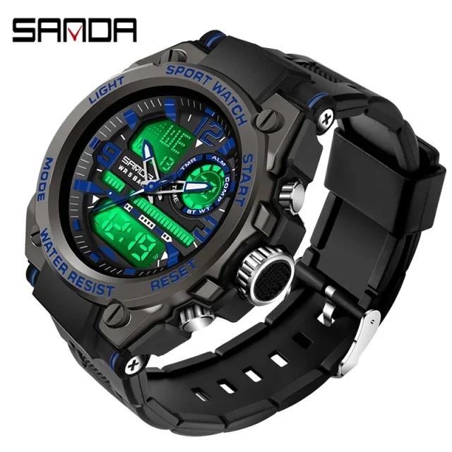 SANDA Analog/Digital Mens 50M WR, Duel Time Quartz Sports Watch, Black Case, Black Strap - 6024BL