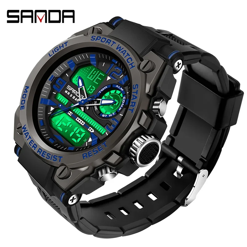 SANDA Analog/Digital Mens 50M WR, Duel Time Quartz Sports Watch, Black Case, Black Strap - 6024BL