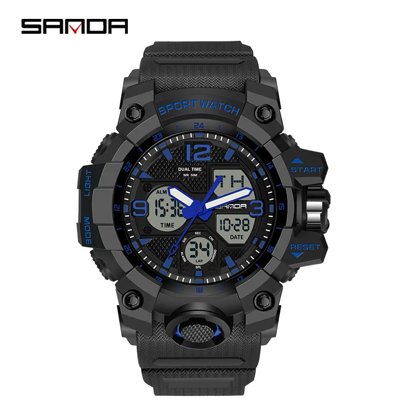 SANDA Analog/Digital Mens 50M WR, Duel Time Quartz Sports Watch, Black Case, Black Strap - 6030BL