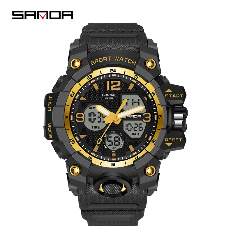 SANDA Analog/Digital Mens 50M WR, Duel Time Quartz Sports Watch, Black Case, Black Strap - 6030GD