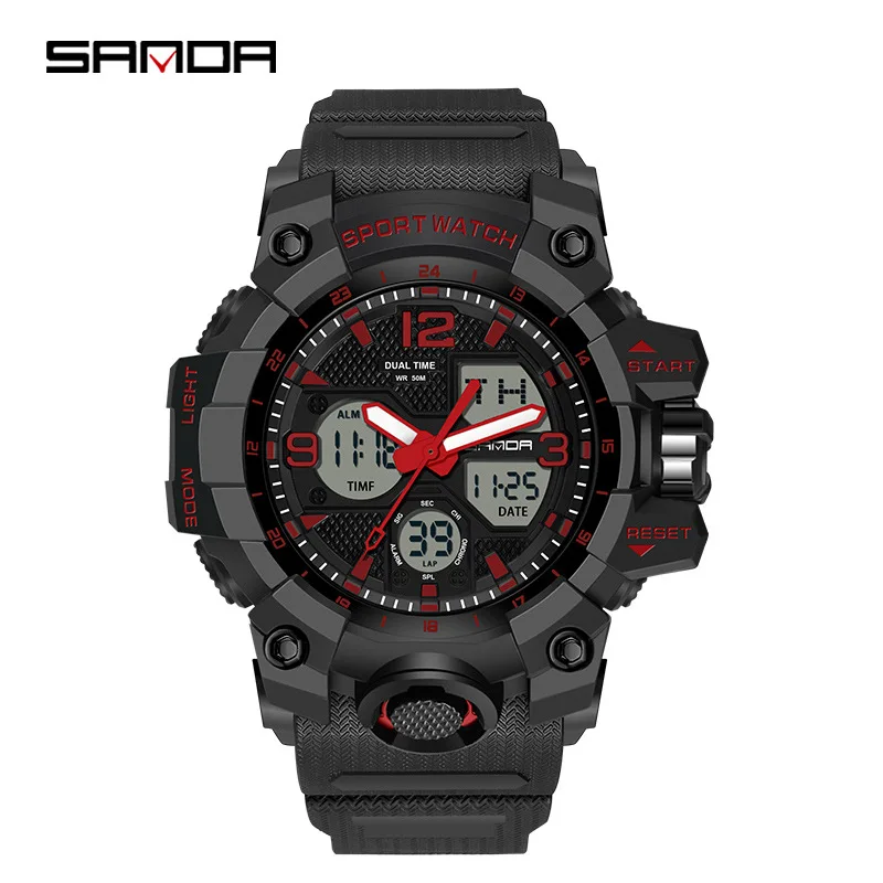 SANDA Analog/Digital Mens 50M WR, Duel Time Quartz Sports Watch, Black Case, Black Strap - 6030RD