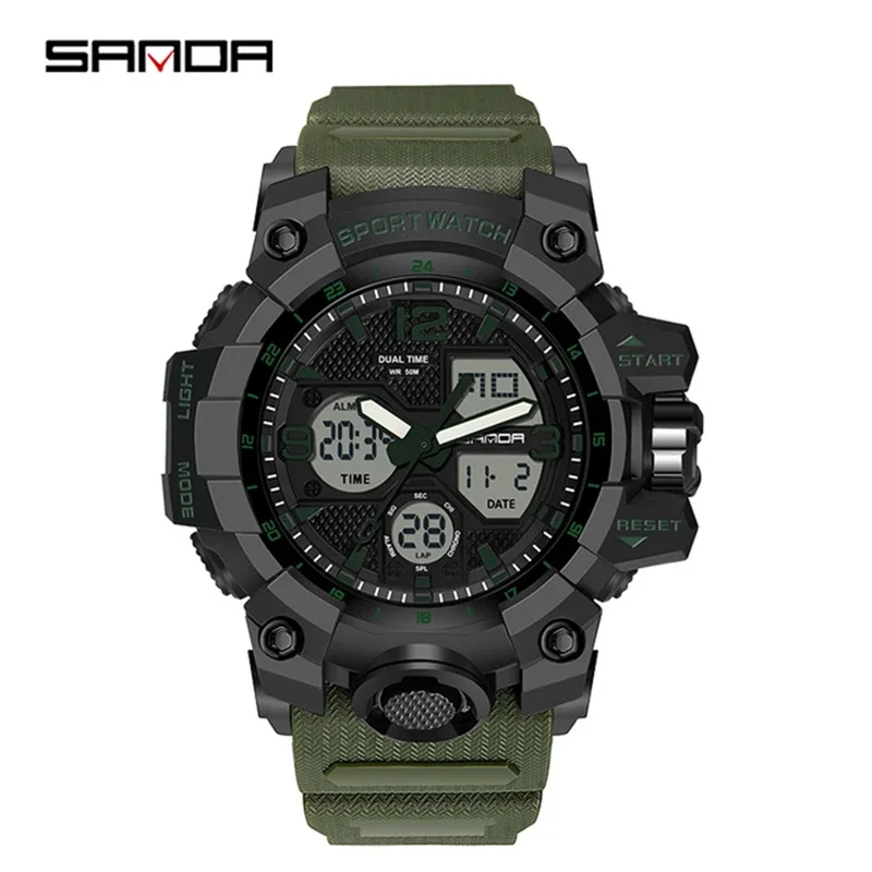 SANDA Analog/Digital Mens 50M WR, Duel Time Quartz Sports Watch, Black Case, Green Strap - 6030GR