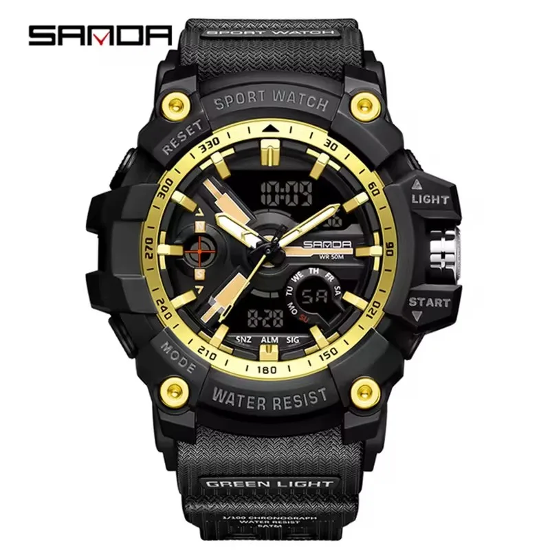 SANDA Analog/Digital Mens 50M WR, Duel Time Quartz Sports Watch, Black Case, Black Strap - 3179GD