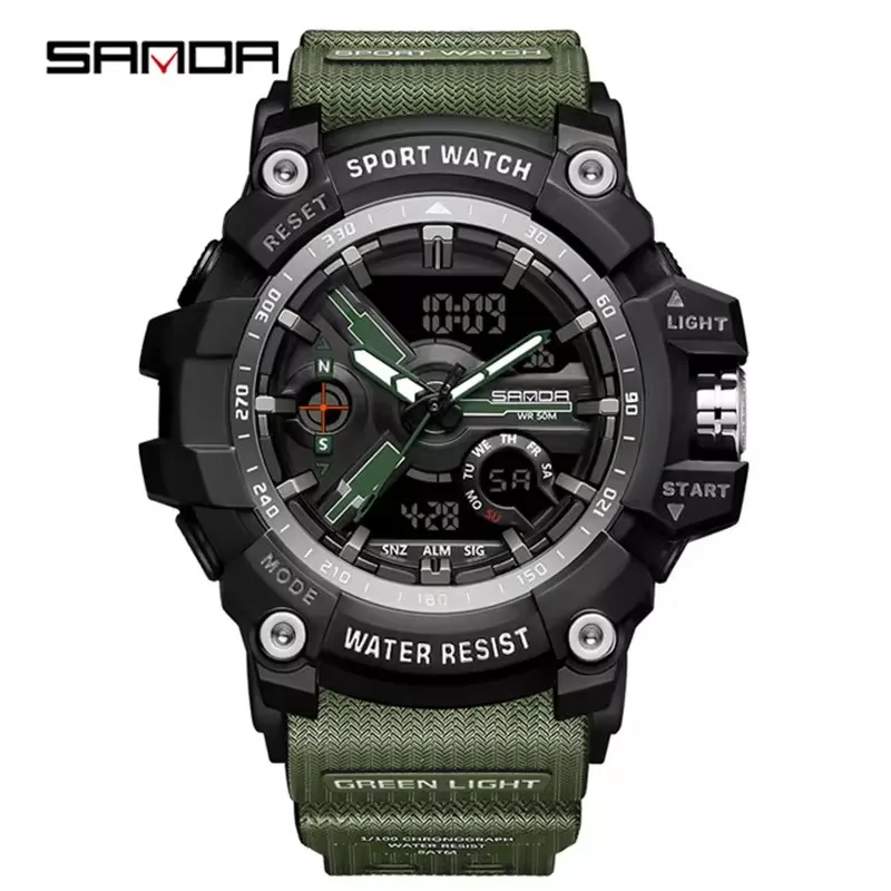 SANDA Analog/Digital Mens 50M WR, Duel Time Quartz Sports Watch, Black Case, Green Strap - 3179GR