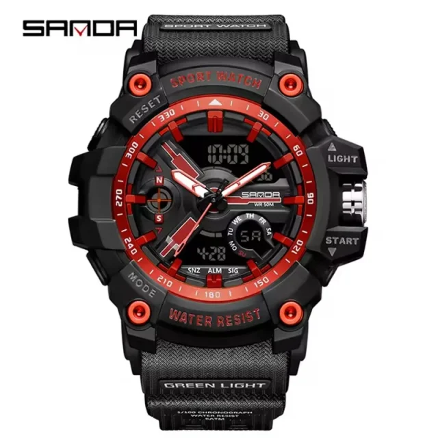 SANDA Analog/Digital Mens 50M WR, Duel Time Quartz Sports Watch, Black Case, Black Strap - 3179RD