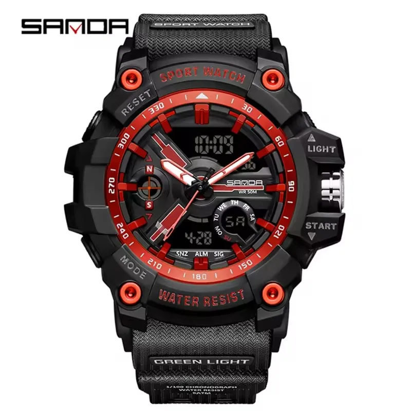 SANDA Analog/Digital Mens 50M WR, Duel Time Quartz Sports Watch, Black Case, Black Strap - 3179RD