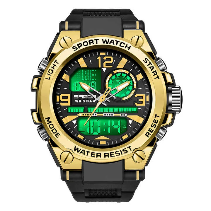 SANDA Analog/Digital Mens 50M WR, Duel Time Quartz Sports Watch, Black/Gold Case, Black Strap - 6024GD