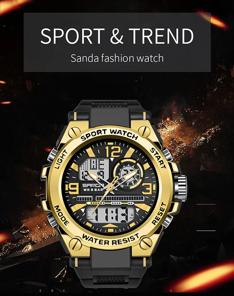 SANDA Analog/Digital Mens 50M WR, Duel Time Quartz Sports Watch, Black/Gold Case, Black Strap - 6024GD