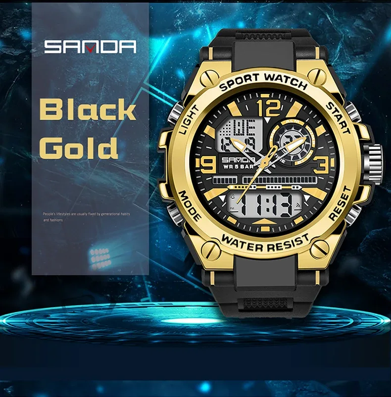 SANDA Analog/Digital Mens 50M WR, Duel Time Quartz Sports Watch, Black/Gold Case, Black Strap - 6024GD