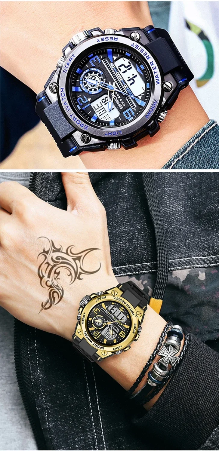 SANDA Analog/Digital Mens 50M WR, Duel Time Quartz Sports Watch, Black/Gold Case, Black Strap - 6024GD