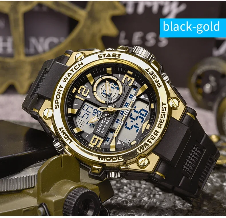 SANDA Analog/Digital Mens 50M WR, Duel Time Quartz Sports Watch, Black/Gold Case, Black Strap - 6024GD