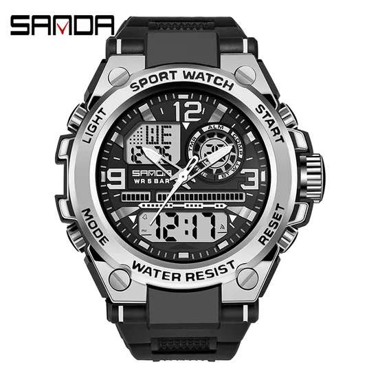 SANDA Analog/Digital Mens 50M WR, Duel Time Quartz Sports Watch, Black/Silver Case, Black Strap - 6024SIL