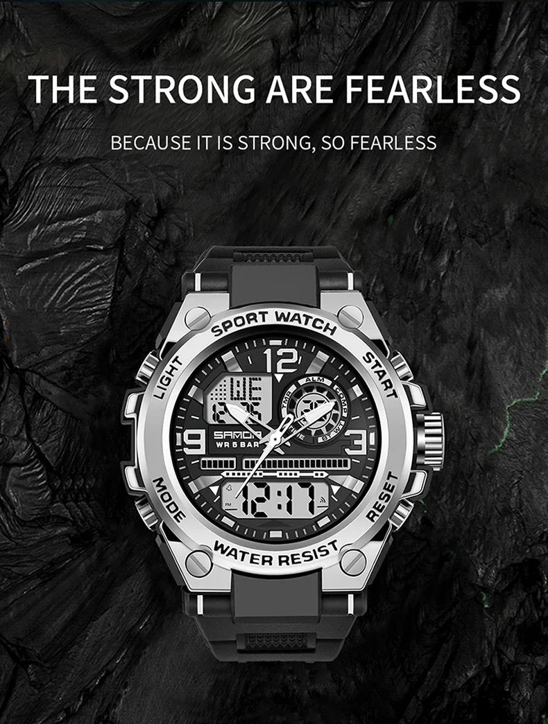 SANDA Analog/Digital Mens 50M WR, Duel Time Quartz Sports Watch, Black/Silver Case, Black Strap - 6024SIL