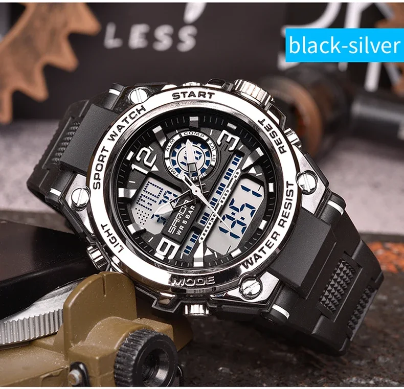 SANDA Analog/Digital Mens 50M WR, Duel Time Quartz Sports Watch, Black/Silver Case, Black Strap - 6024SIL
